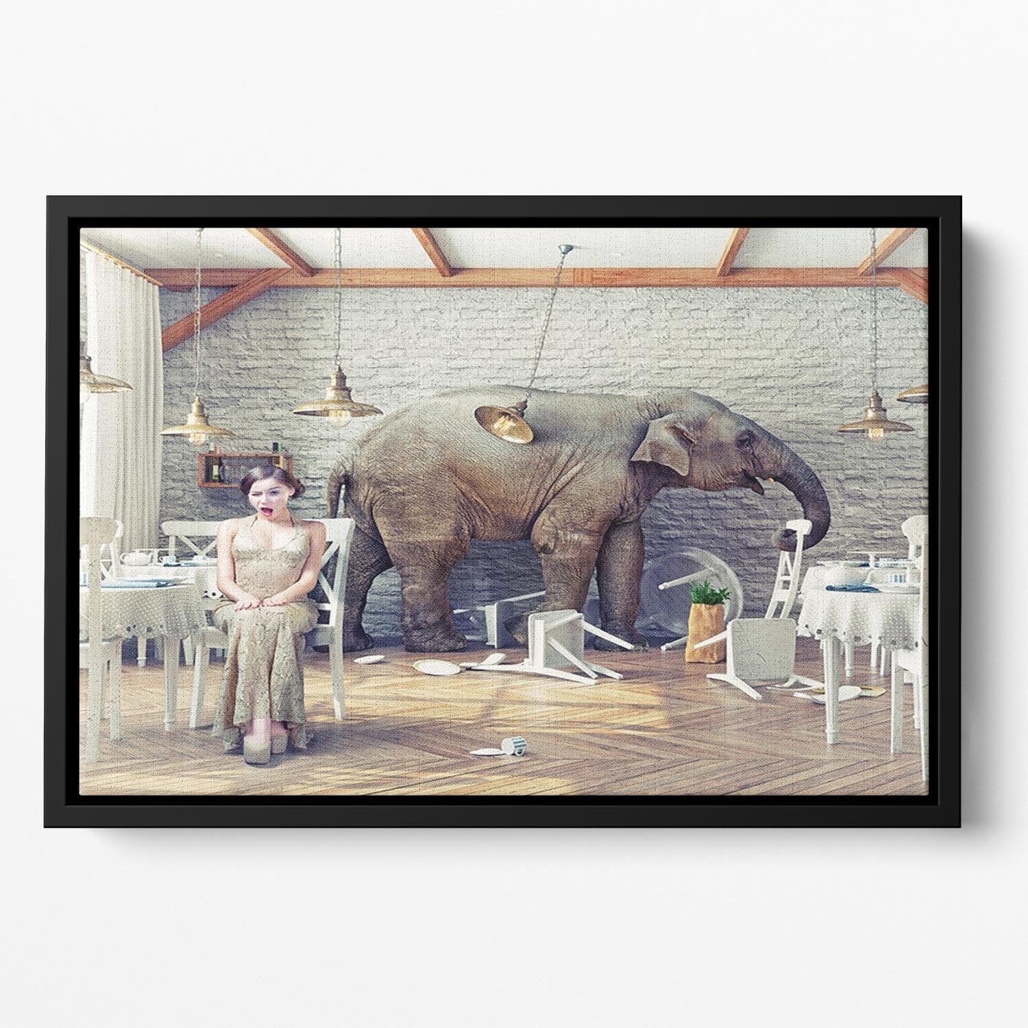 The elephant calm in a restaurant interior. photo combination concept Floating Framed Canvas - Canvas Art Rocks - 2