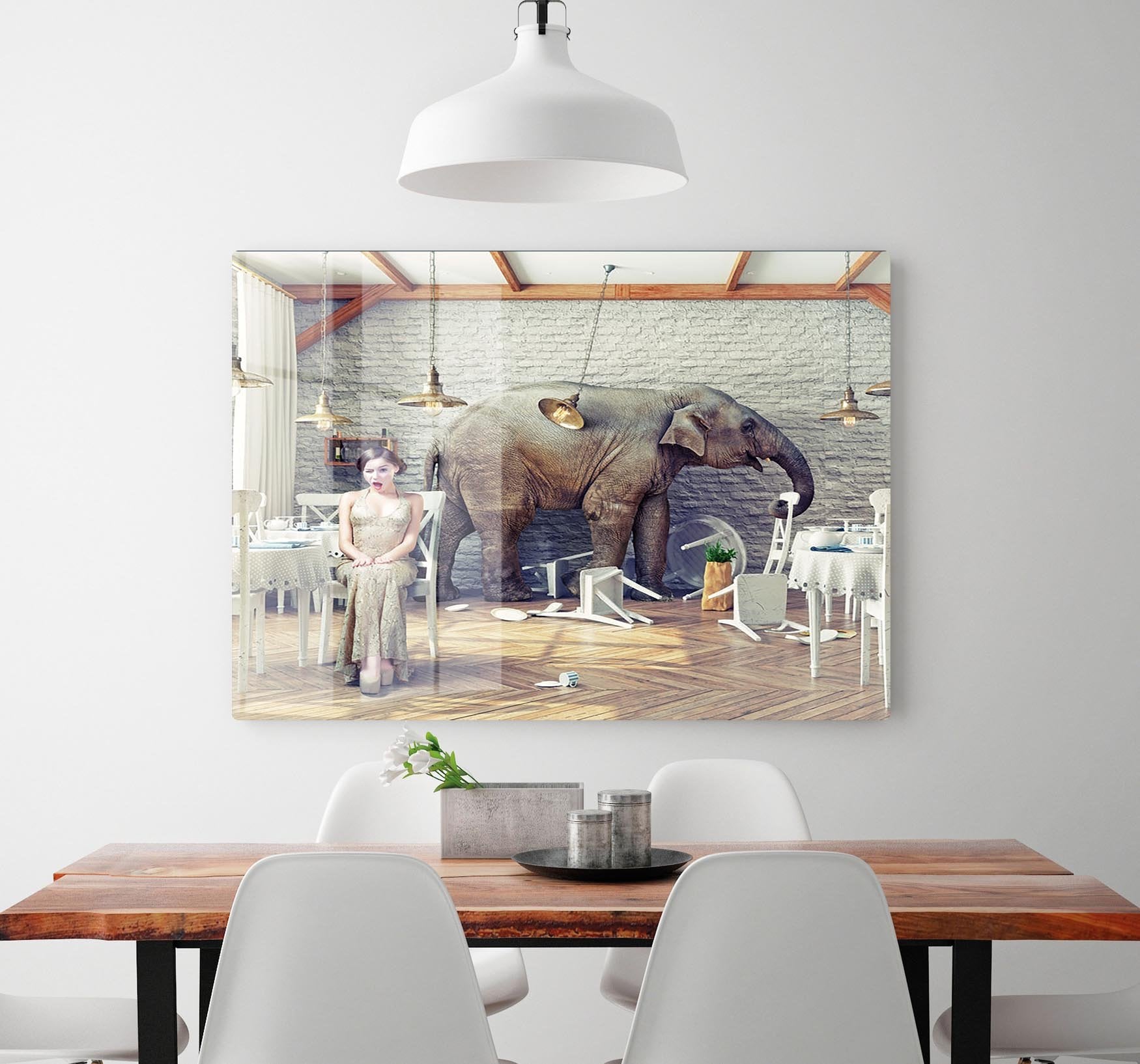 The elephant calm in a restaurant interior. photo combination concept HD Metal Print - Canvas Art Rocks - 2
