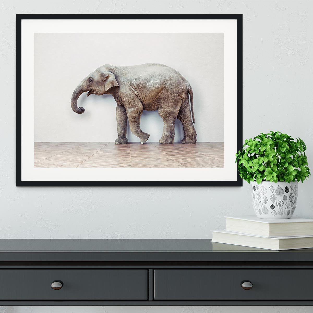 The elephant calm in the room near white wall Framed Print - Canvas Art Rocks - 1