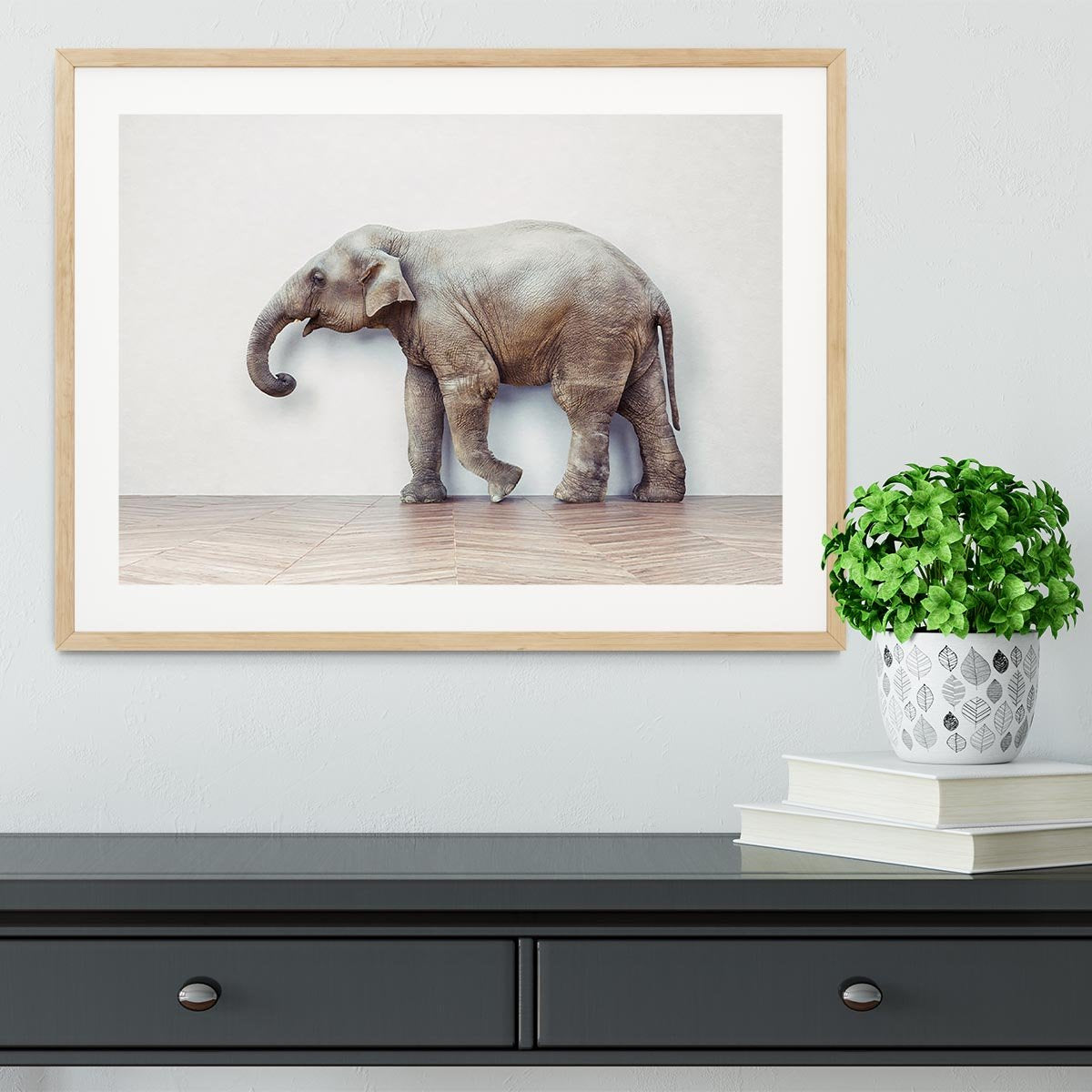 The elephant calm in the room near white wall Framed Print - Canvas Art Rocks - 3