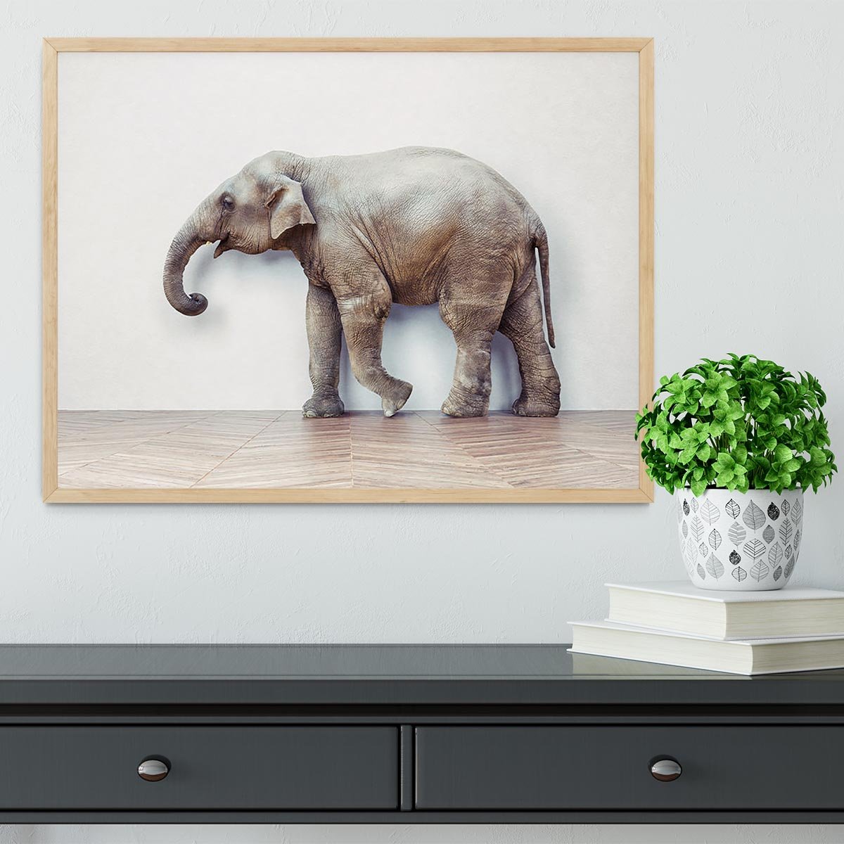 The elephant calm in the room near white wall Framed Print - Canvas Art Rocks - 4