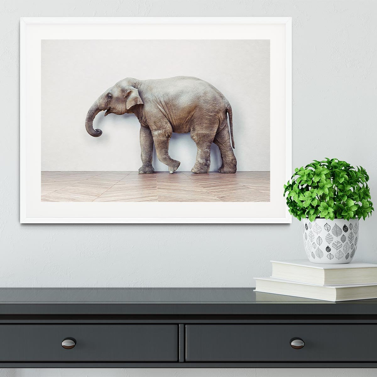 The elephant calm in the room near white wall Framed Print - Canvas Art Rocks - 5