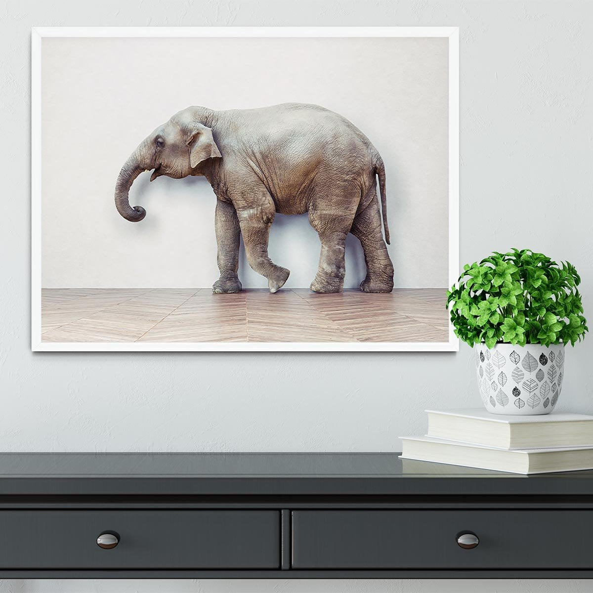 The elephant calm in the room near white wall Framed Print - Canvas Art Rocks -6