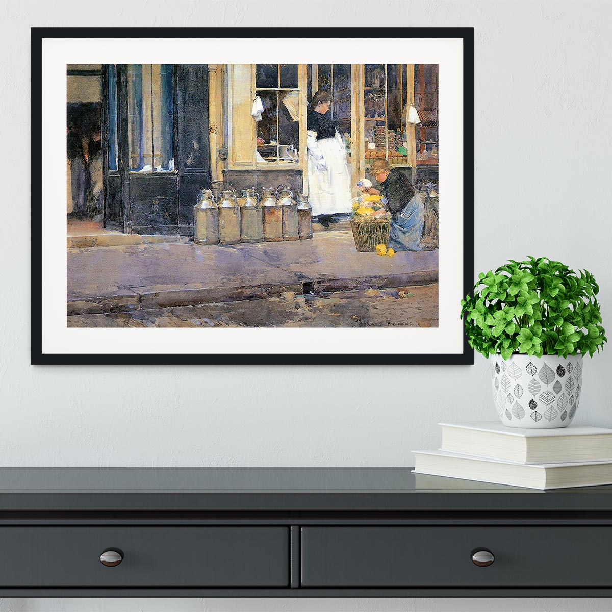 The flower girls and the milk vendor by Hassam Framed Print - Canvas Art Rocks - 1