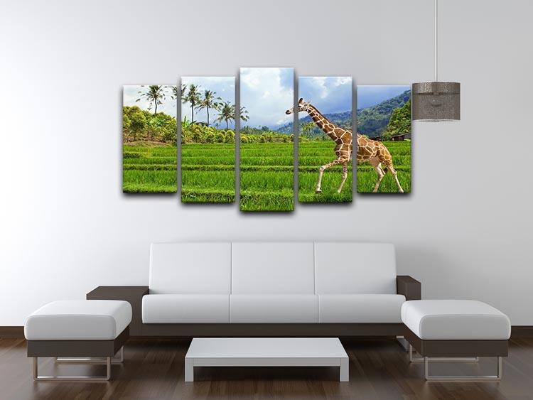 The giraffe goes on a green grass against mountains 5 Split Panel Canvas - Canvas Art Rocks - 3
