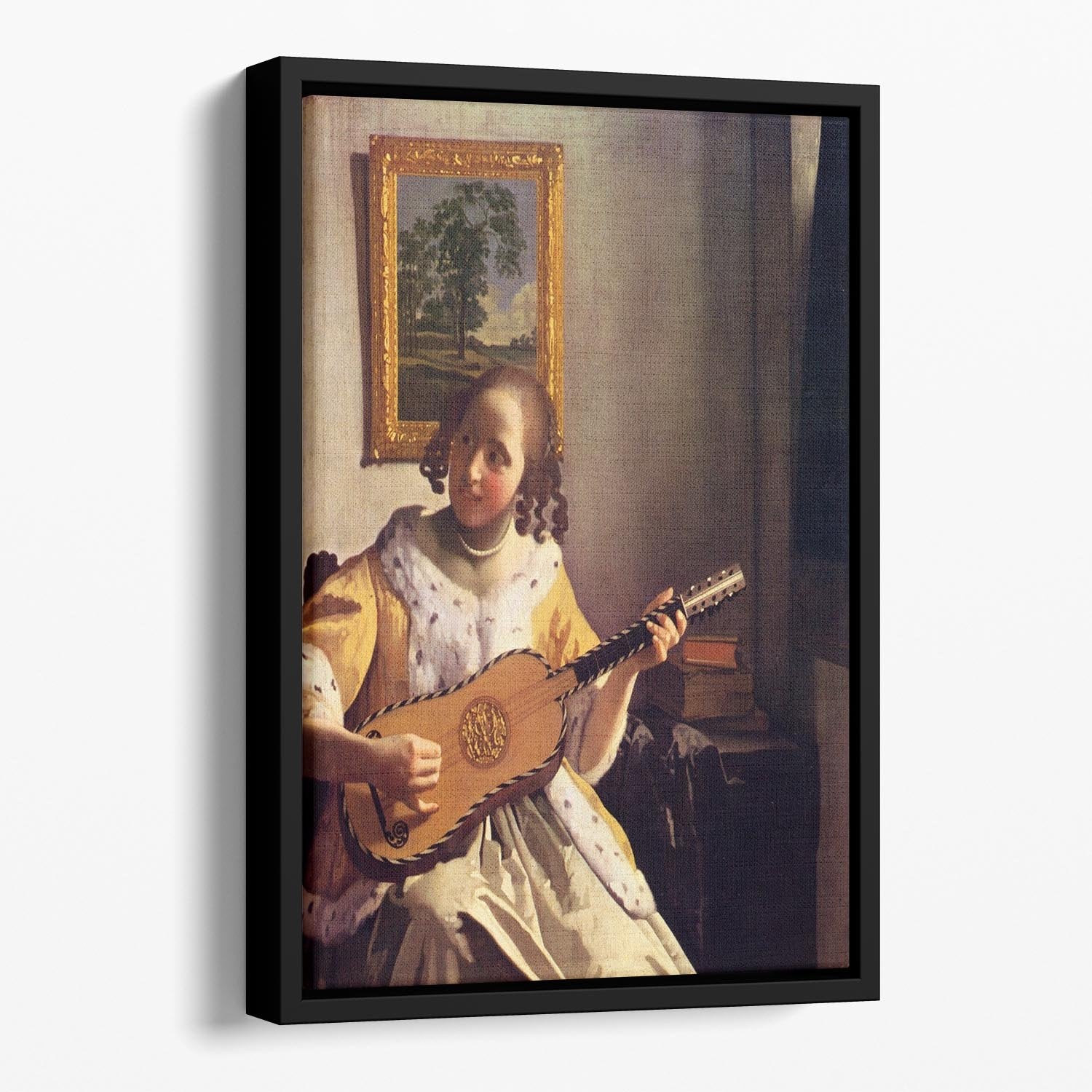 The guitar player by Vermeer Floating Framed Canvas
