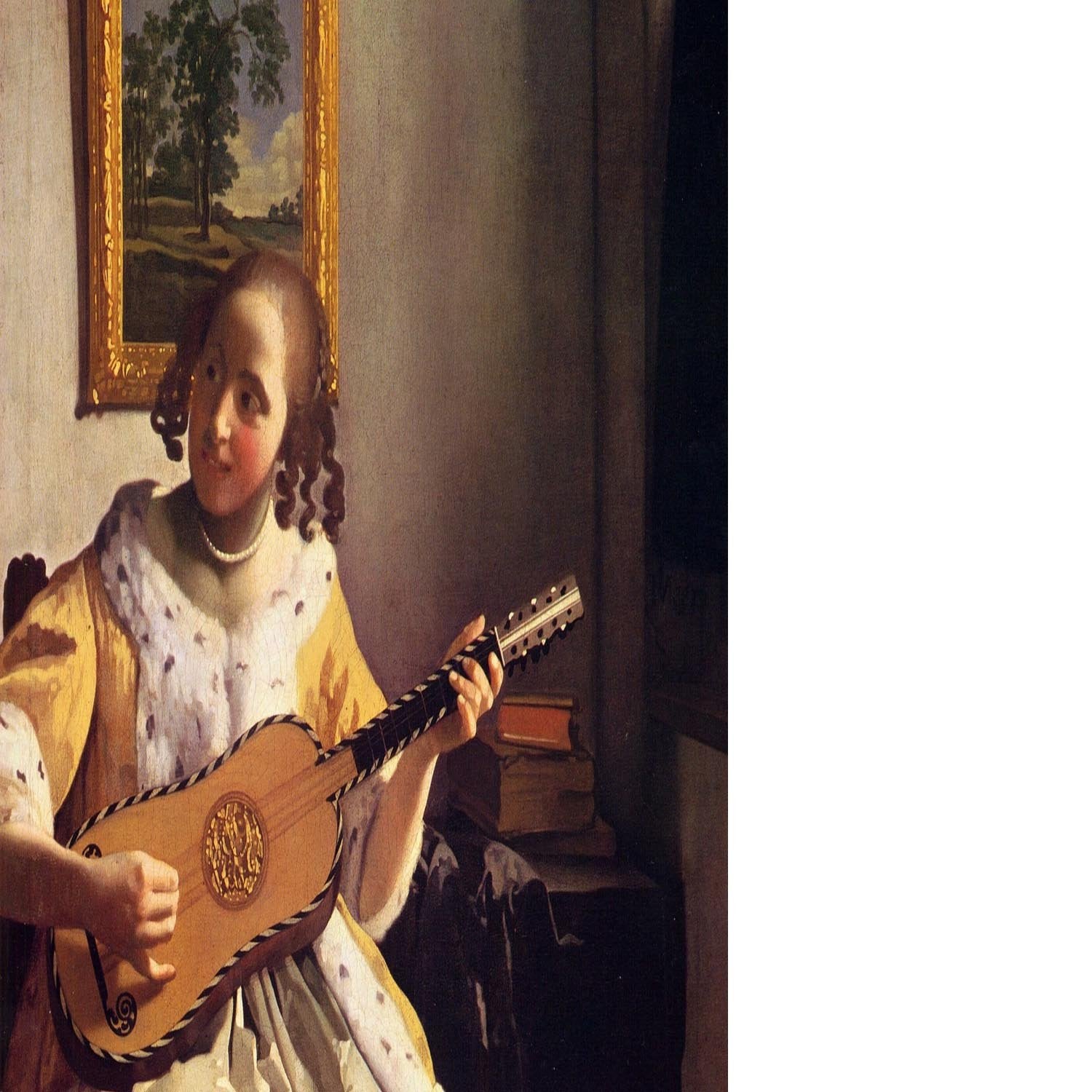 The guitar player by Vermeer Floating Framed Canvas
