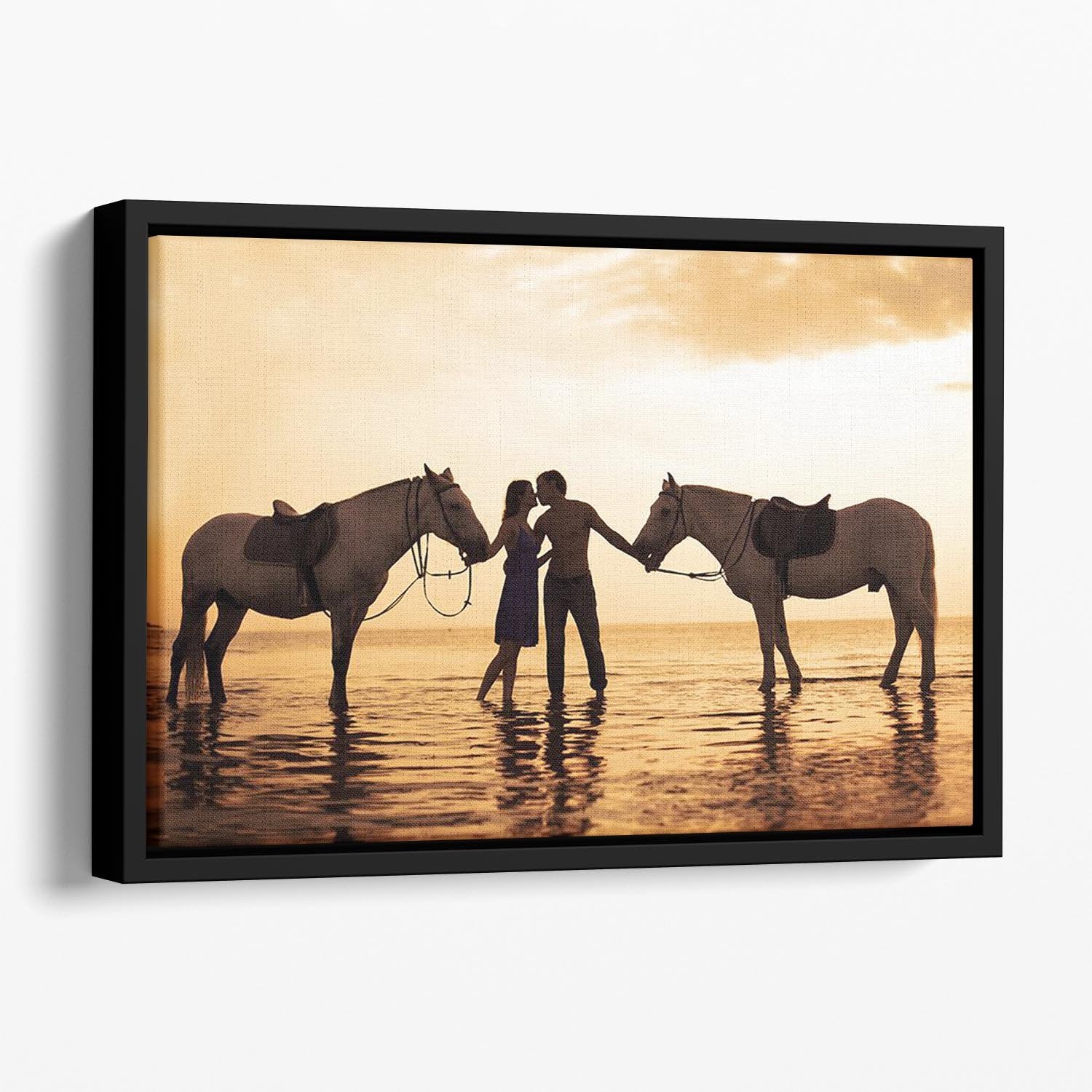 The image of a couple in love at sunset in the sea Floating Framed Canvas - Canvas Art Rocks - 1
