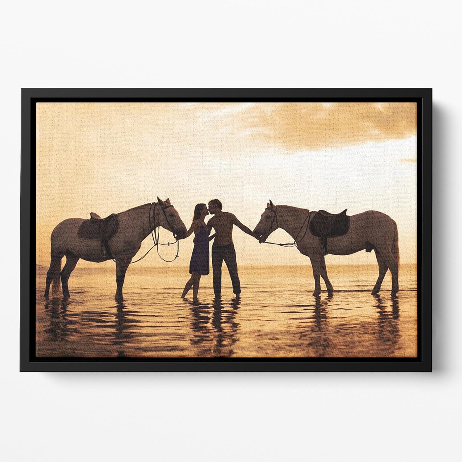 The image of a couple in love at sunset in the sea Floating Framed Canvas - Canvas Art Rocks - 2