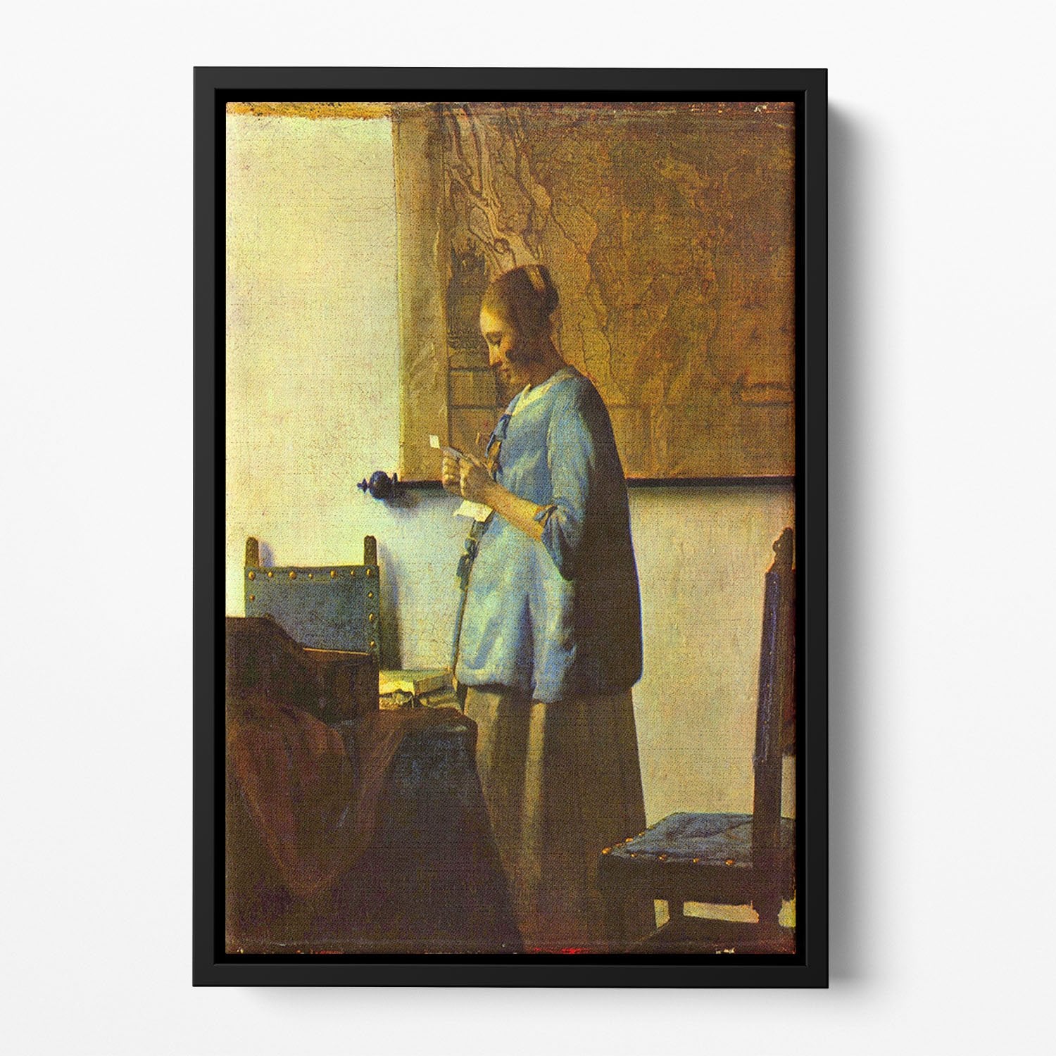 The letter reader by Vermeer Floating Framed Canvas
