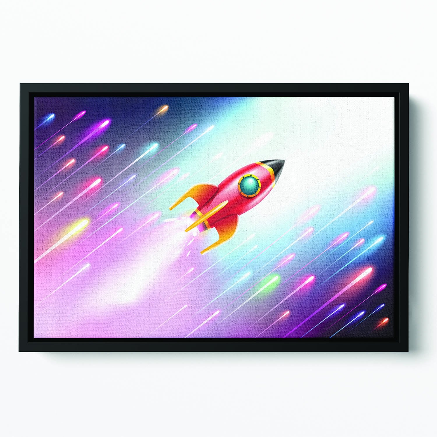 The rocket ship flying in the space Floating Framed Canvas