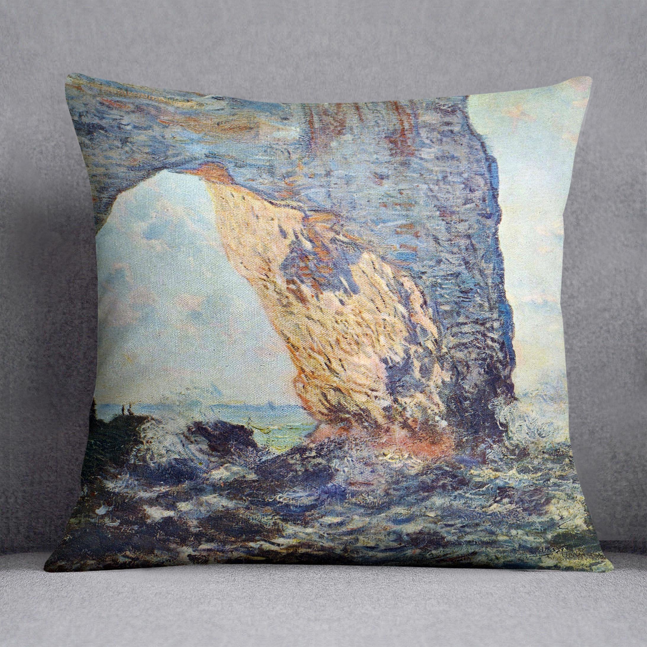 The rocky cliffs of etretat La Porte man 1 by Monet Throw Pillow