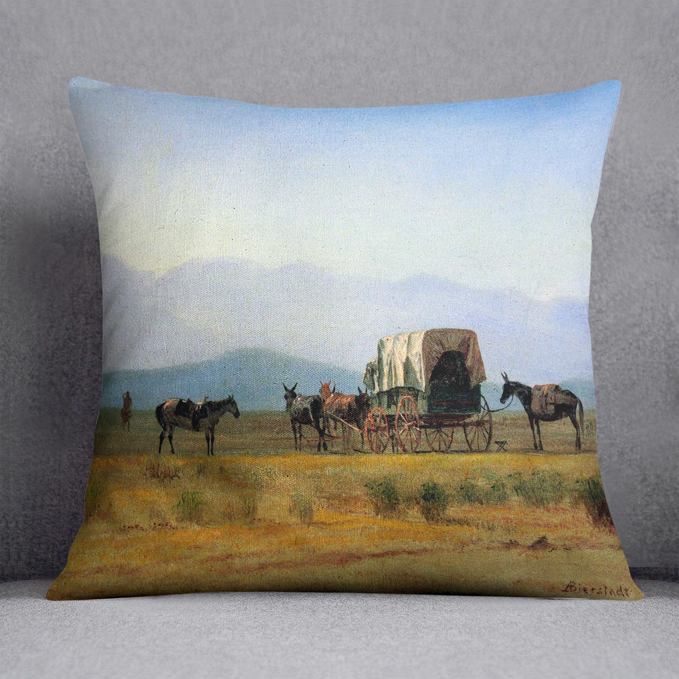 The stagecoach in the Rockies by Bierstadt Cushion - Canvas Art Rocks - 1