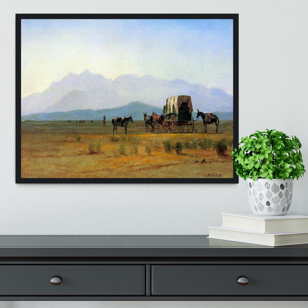 The stagecoach in the Rockies by Bierstadt Framed Print - Canvas Art Rocks - 2