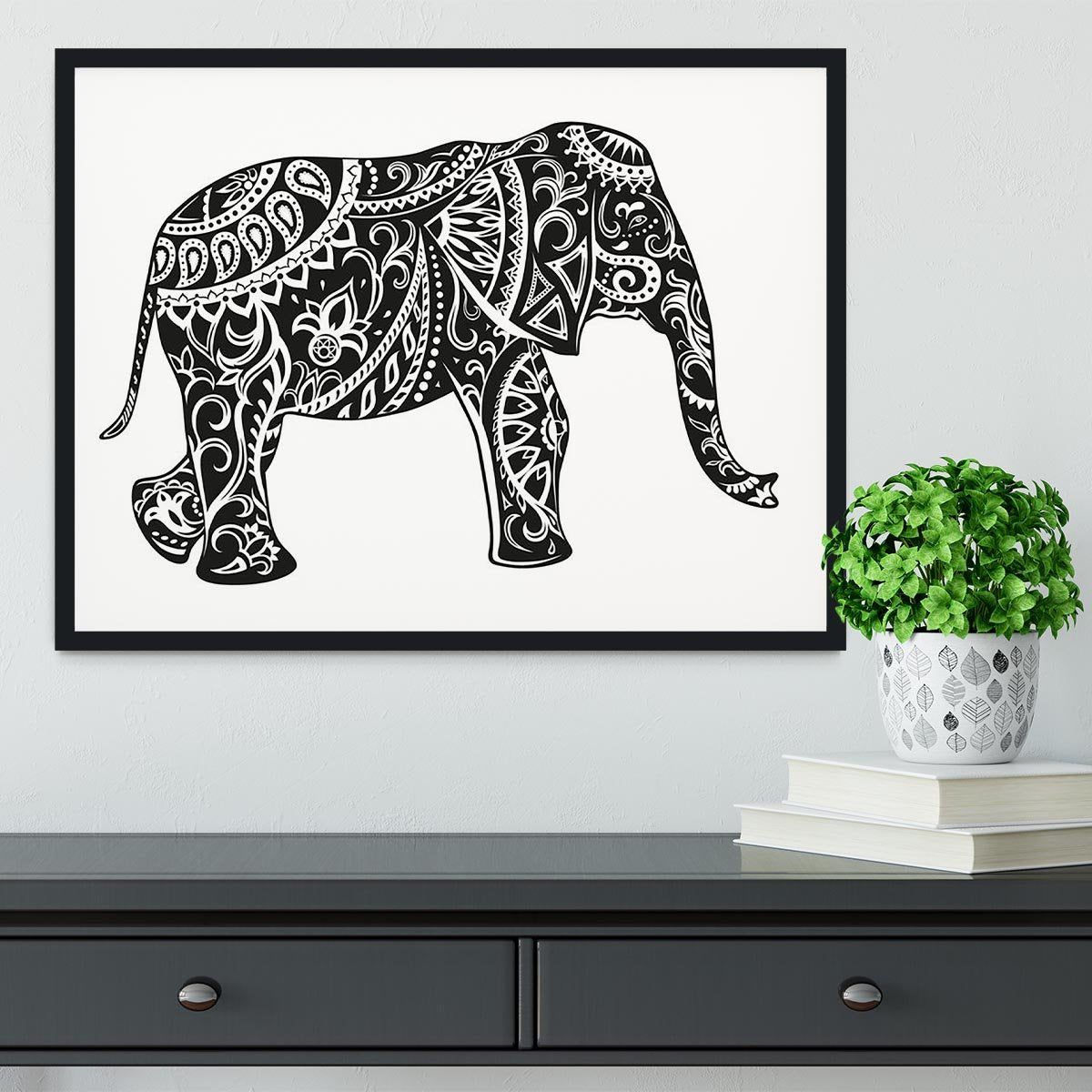 The stylized figure of an elephant in the festive patterns Framed Print - Canvas Art Rocks - 2