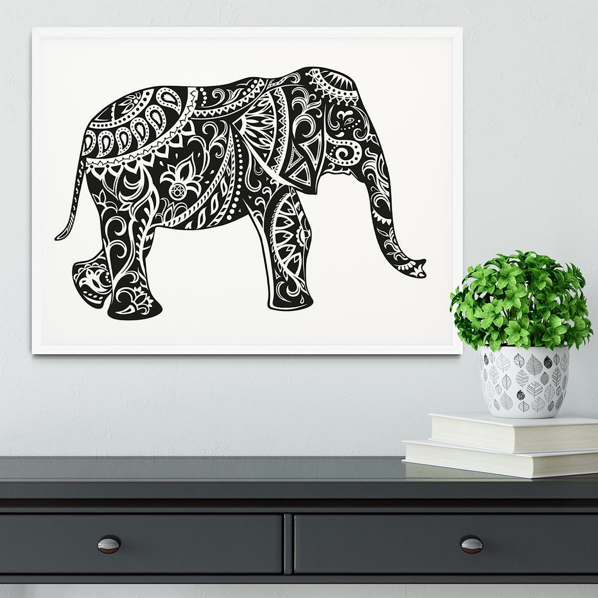 The stylized figure of an elephant in the festive patterns Framed Print - Canvas Art Rocks -6