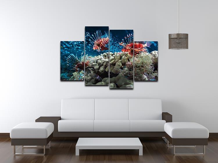 Three Lion fishes and school of bait fish 4 Split Panel Canvas - Canvas Art Rocks - 3
