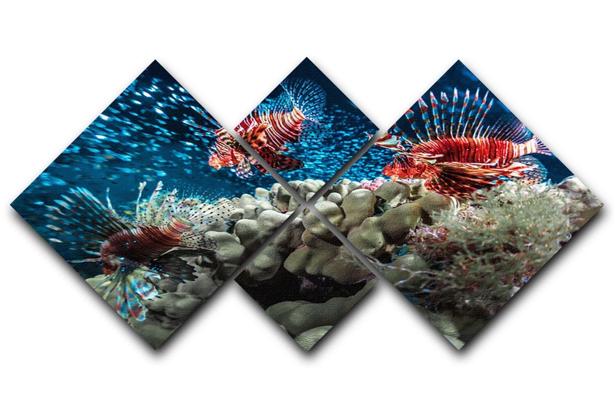 Three Lion fishes and school of bait fish 4 Square Multi Panel Canvas - Canvas Art Rocks - 1