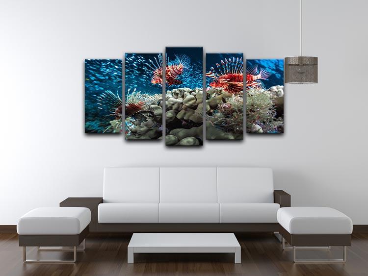 Three Lion fishes and school of bait fish 5 Split Panel Canvas - Canvas Art Rocks - 3