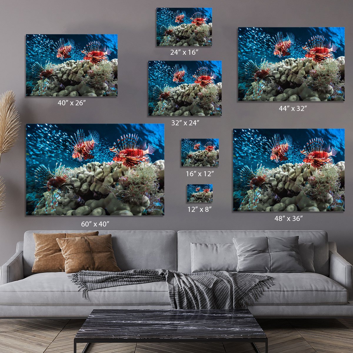 Three Lion fishes and school of bait fish Canvas Print or Poster