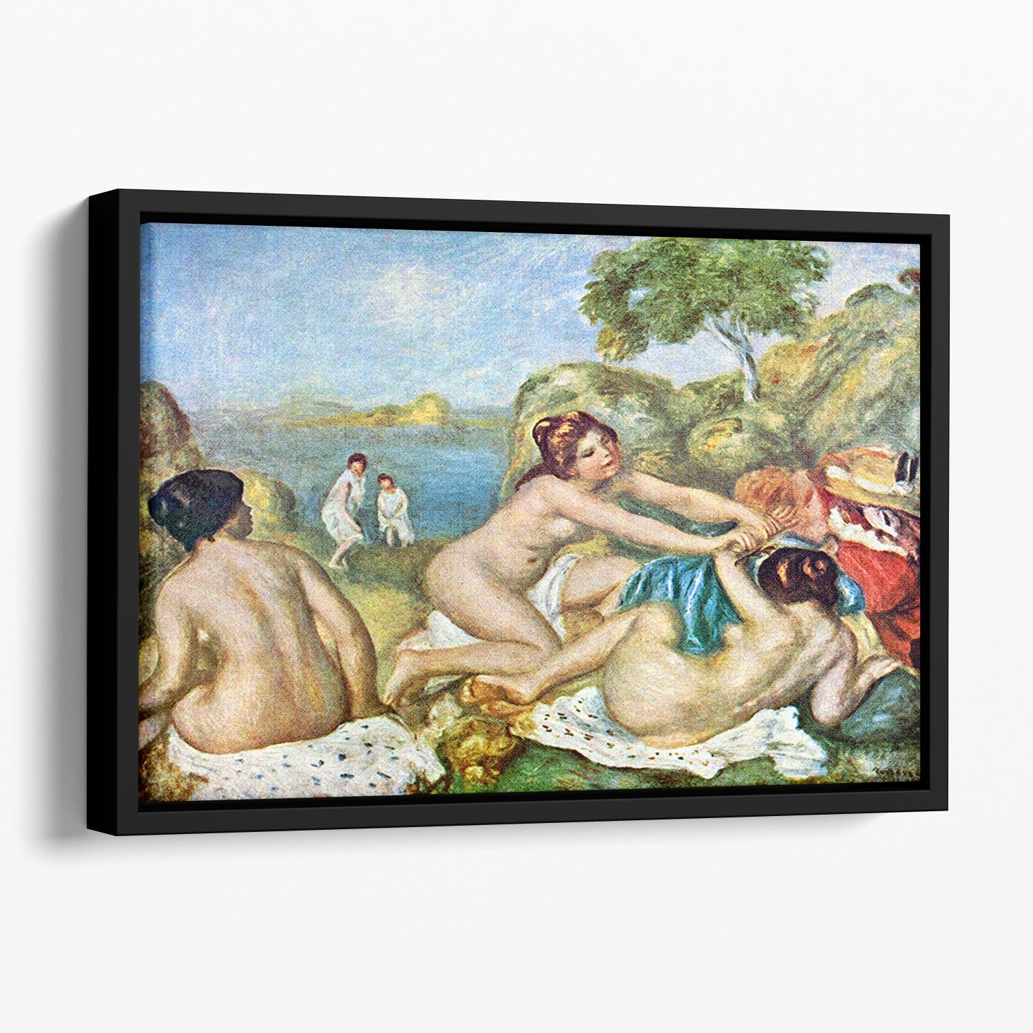 Three bathing girls with crab by Renoir Floating Framed Canvas
