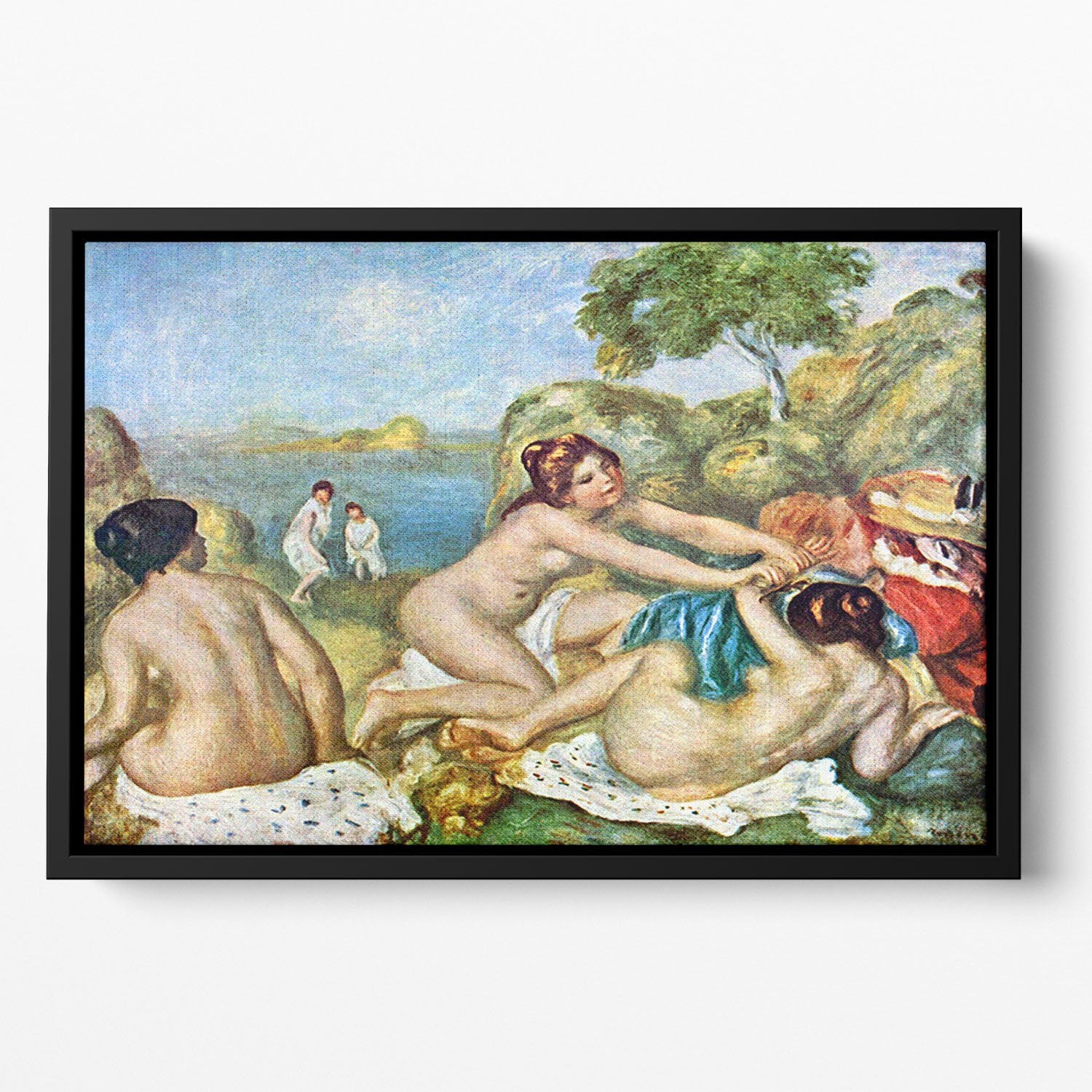 Three bathing girls with crab by Renoir Floating Framed Canvas