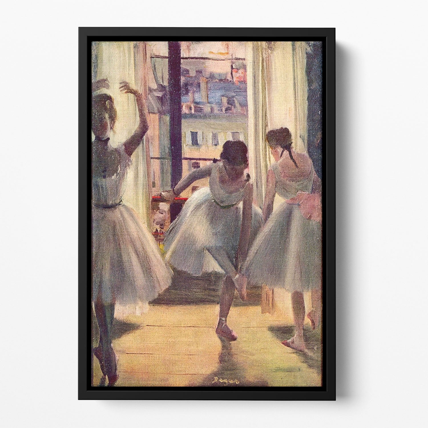 Three dancers in a practice room by Degas Floating Framed Canvas
