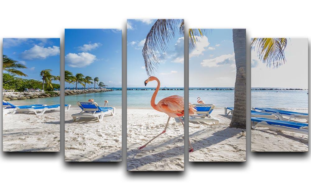 Three flamingos on the beach 5 Split Panel Canvas - Canvas Art Rocks - 1