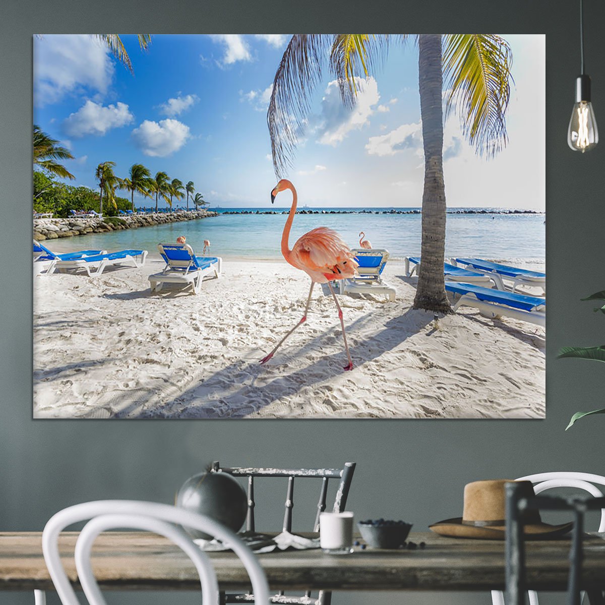 Three flamingos on the beach Canvas Print or Poster