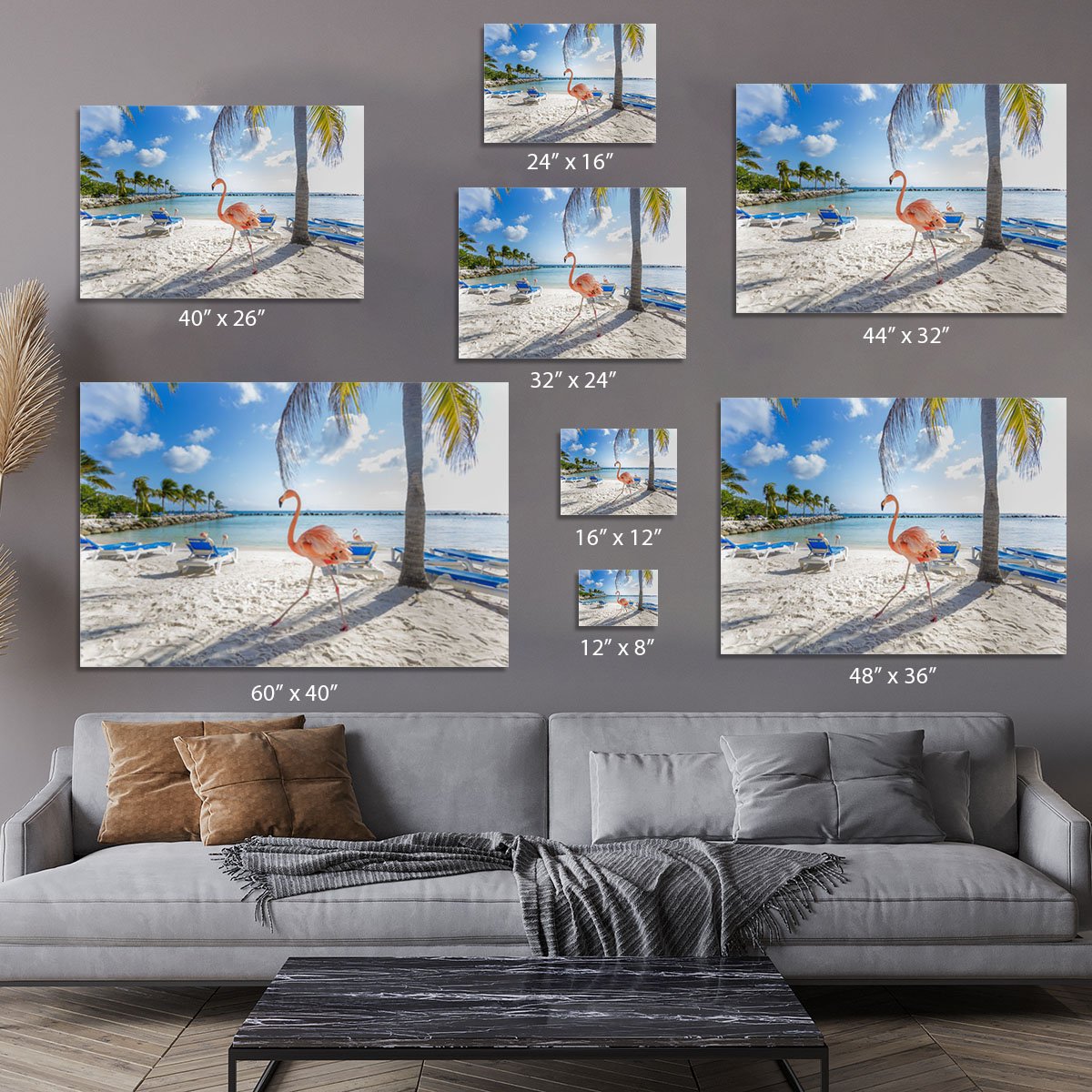 Three flamingos on the beach Canvas Print or Poster