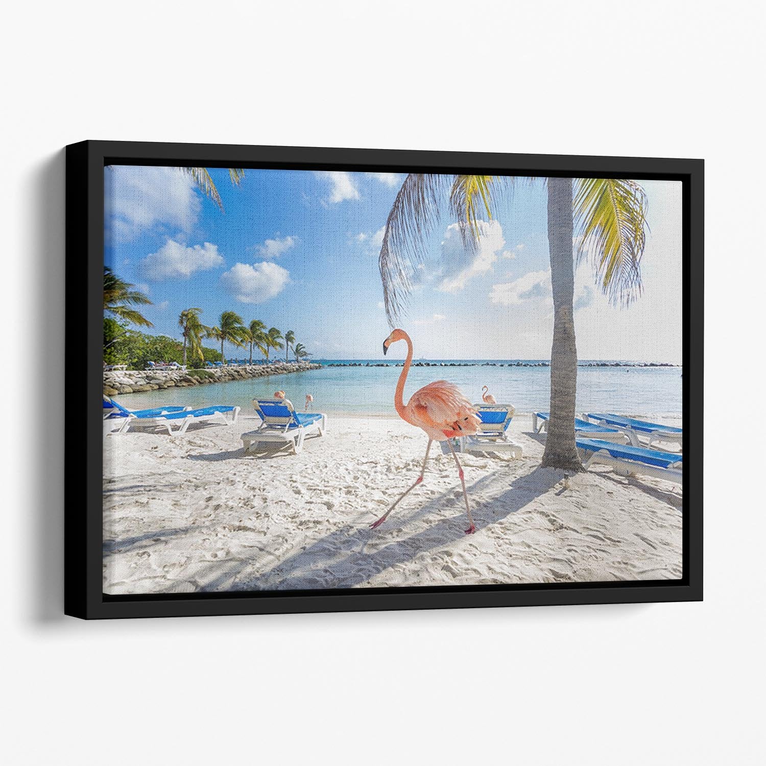 Three flamingos on the beach Floating Framed Canvas - Canvas Art Rocks - 1