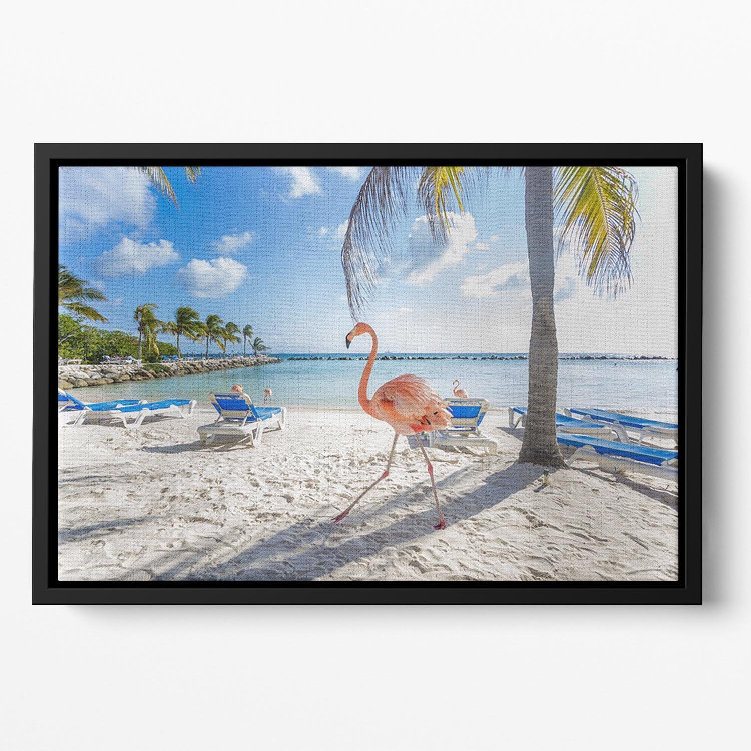 Three flamingos on the beach Floating Framed Canvas - Canvas Art Rocks - 2