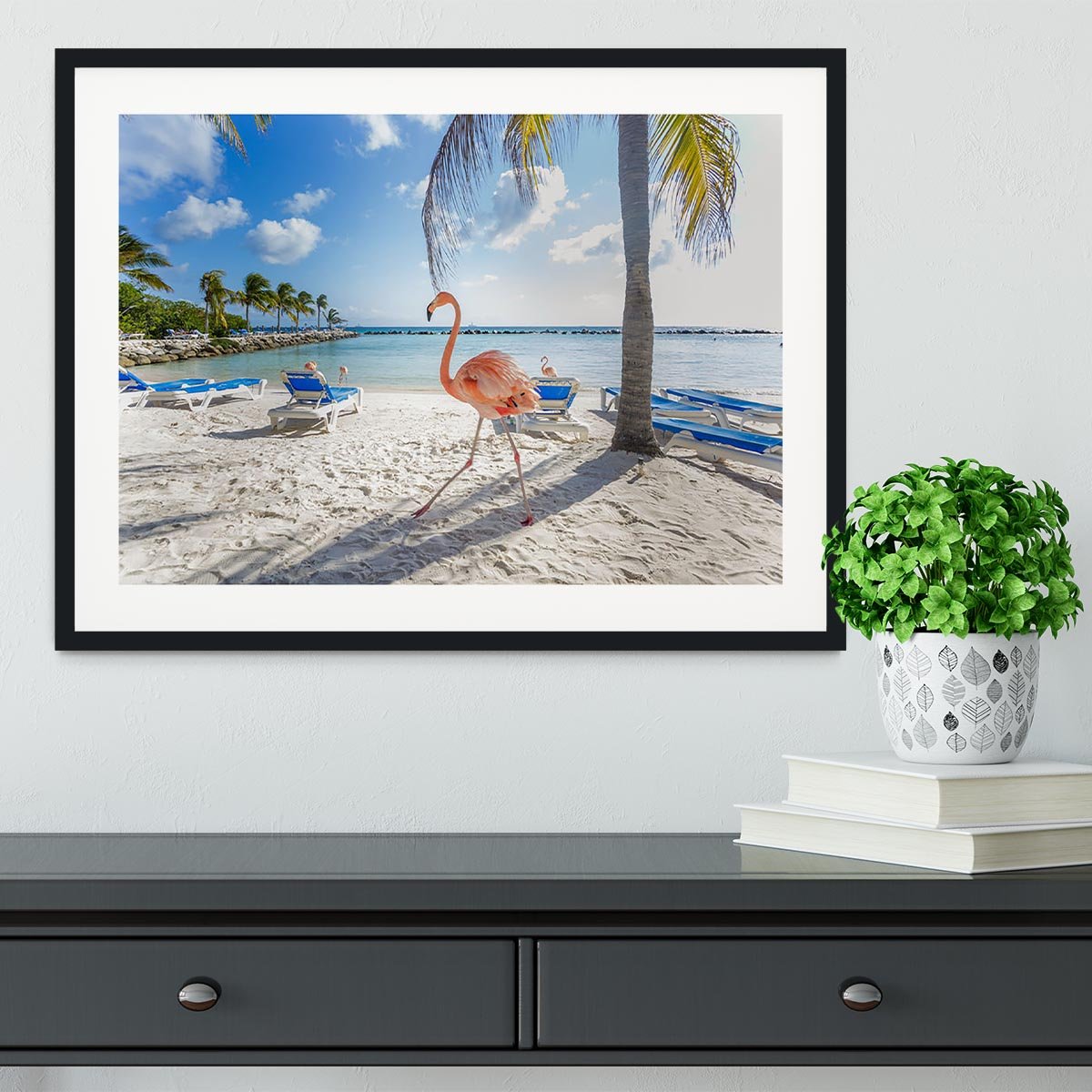 Three flamingos on the beach Framed Print - Canvas Art Rocks - 1