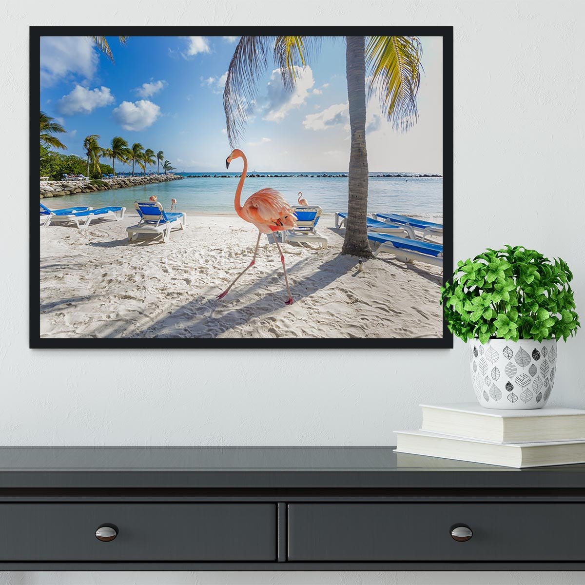 Three flamingos on the beach Framed Print - Canvas Art Rocks - 2