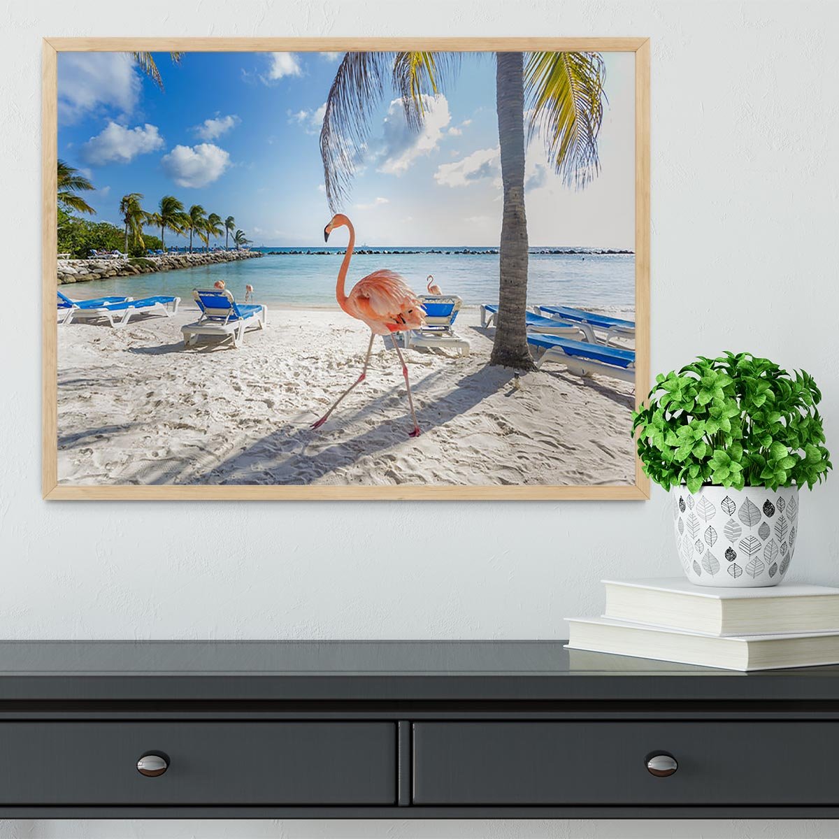 Three flamingos on the beach Framed Print - Canvas Art Rocks - 4