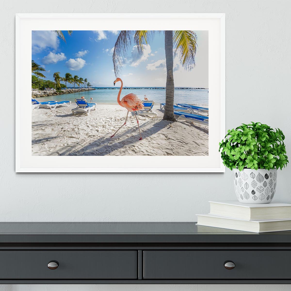 Three flamingos on the beach Framed Print - Canvas Art Rocks - 5