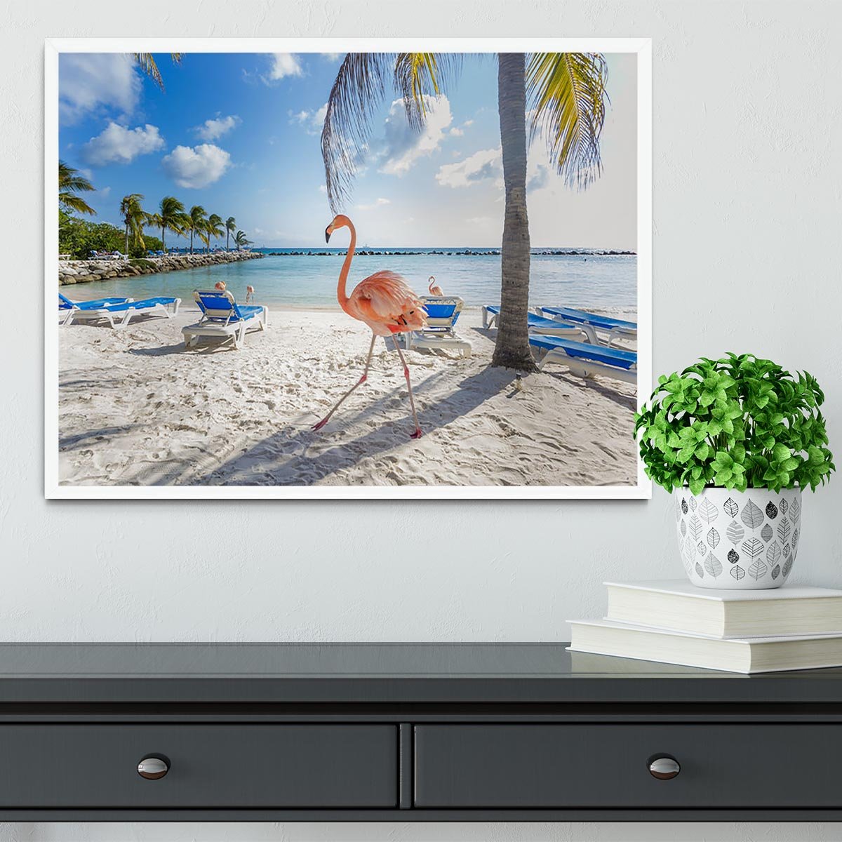 Three flamingos on the beach Framed Print - Canvas Art Rocks -6