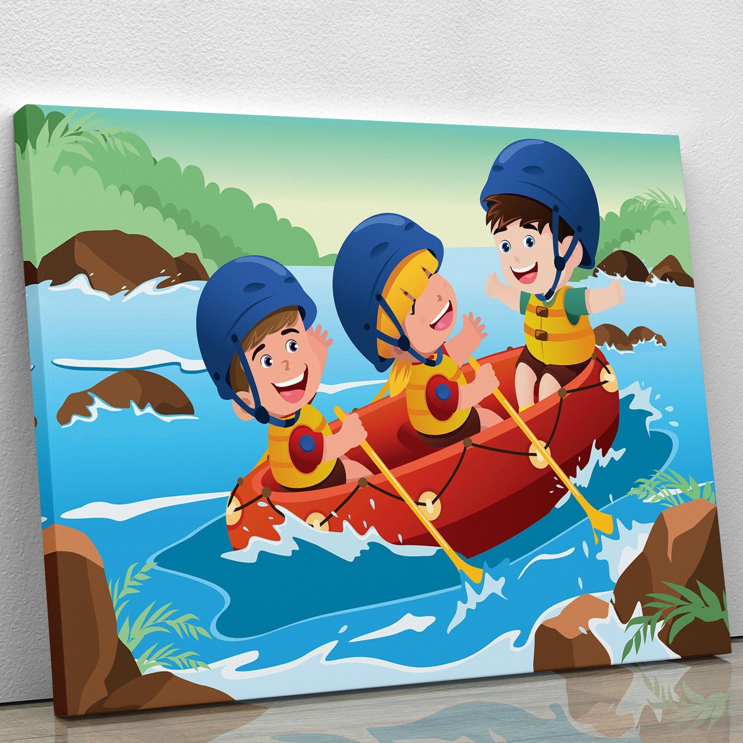 Three happy kids on boat Canvas Print or Poster