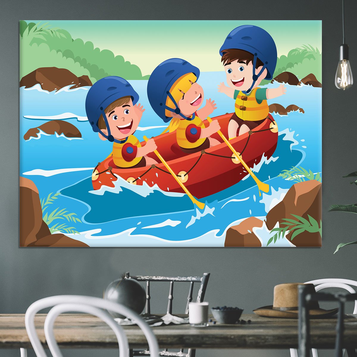 Three happy kids on boat Canvas Print or Poster