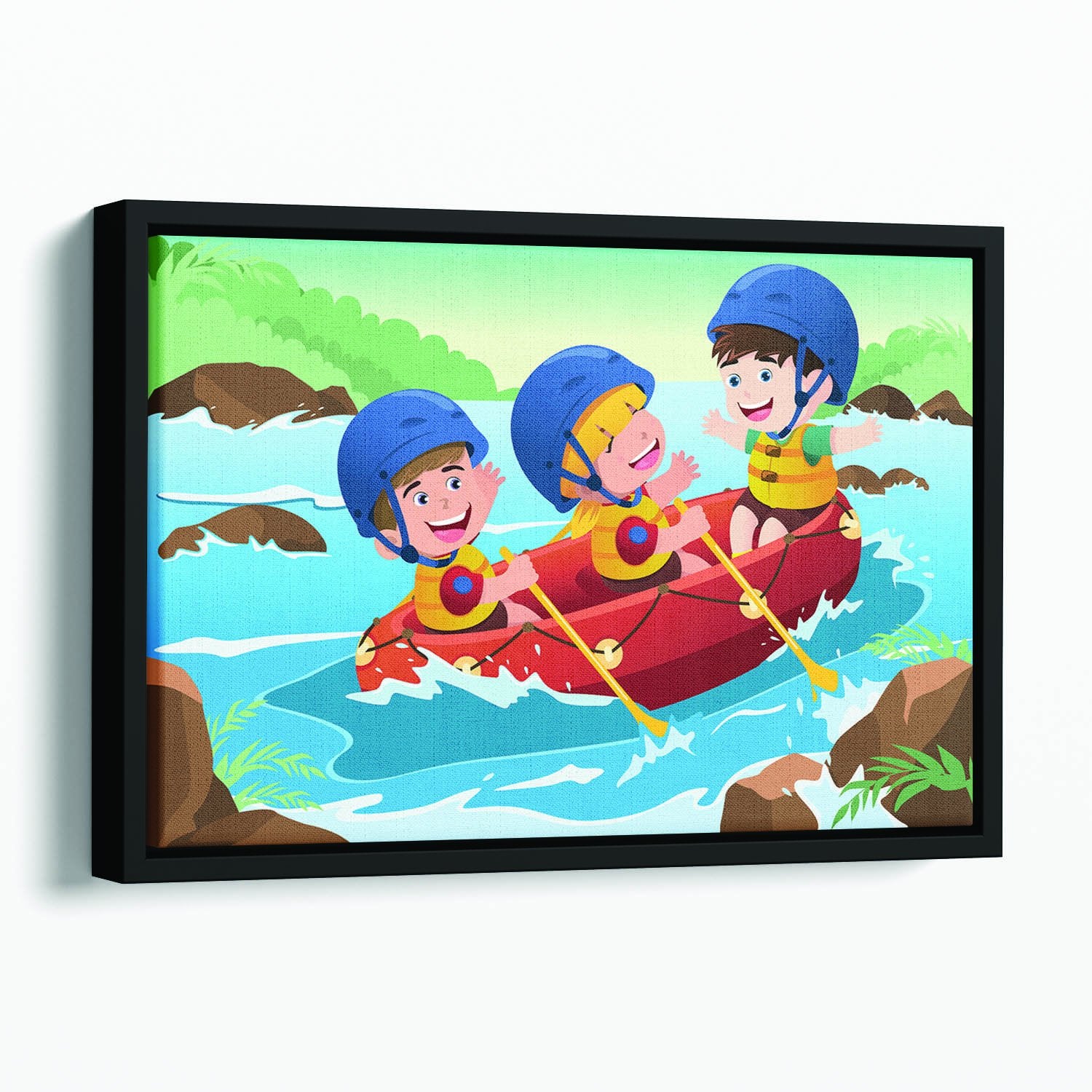 Three happy kids on boat Floating Framed Canvas