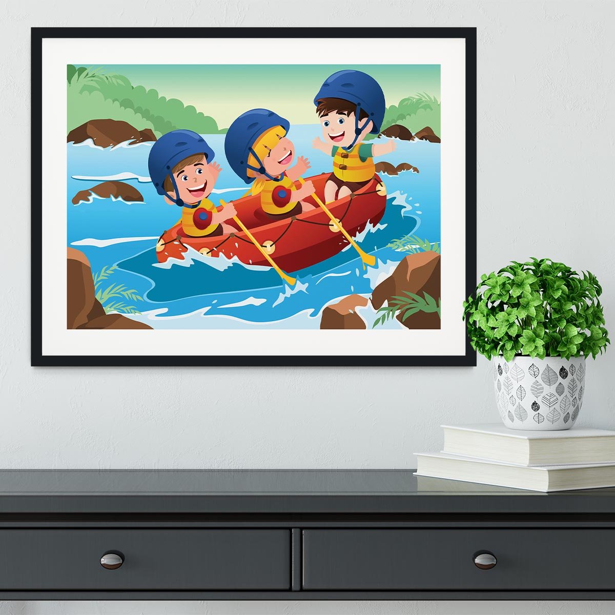Three happy kids on boat Framed Print - Canvas Art Rocks - 1