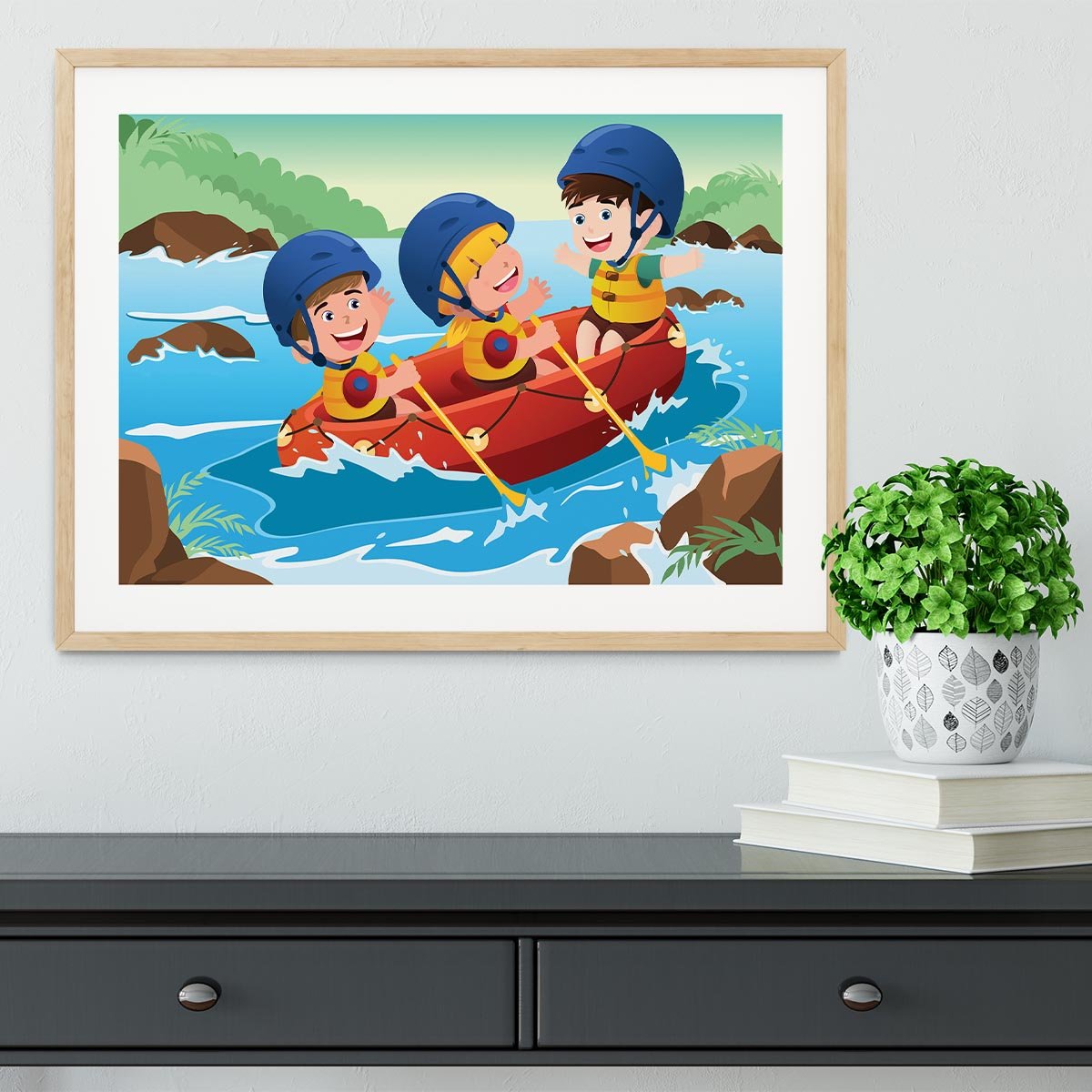 Three happy kids on boat Framed Print - Canvas Art Rocks - 3