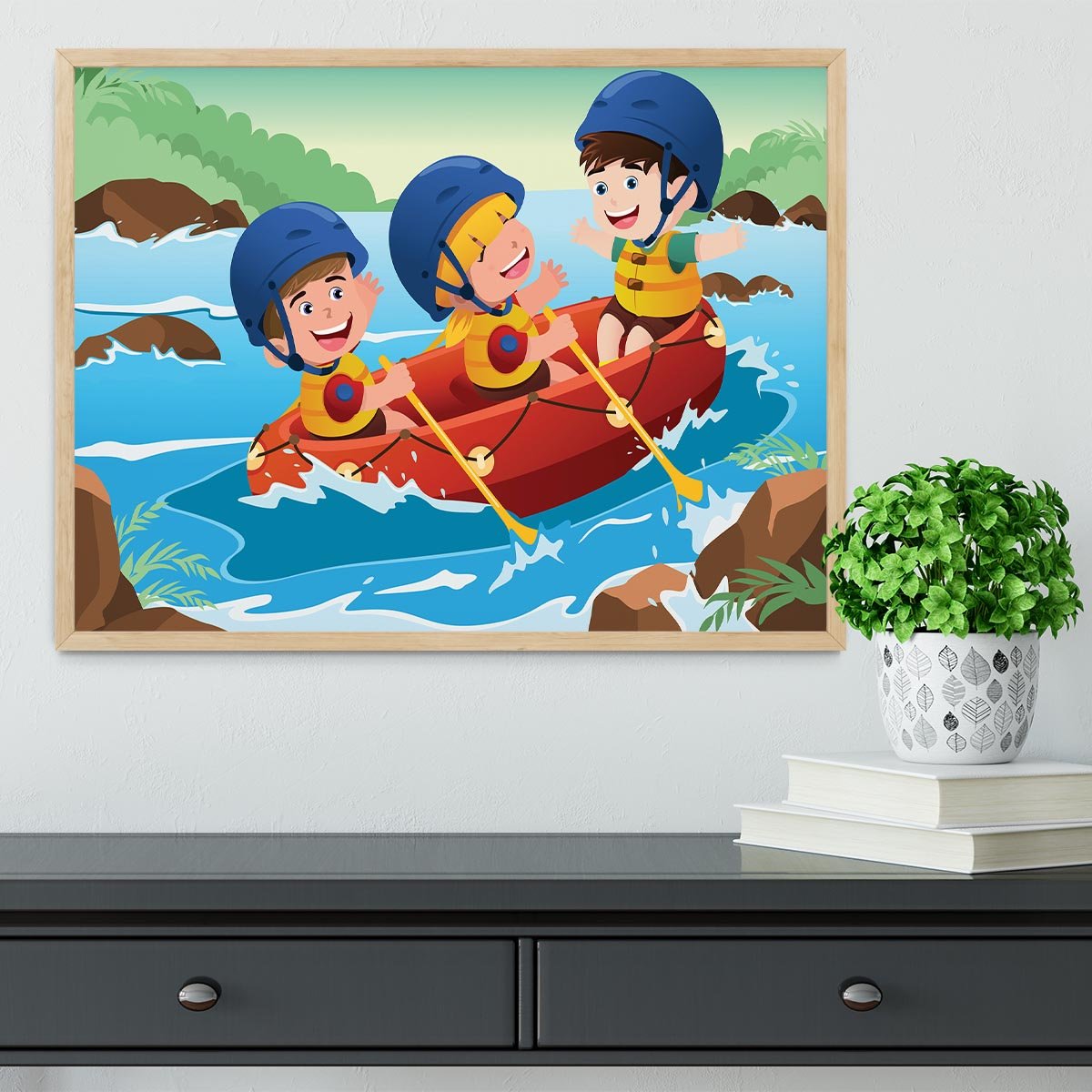 Three happy kids on boat Framed Print - Canvas Art Rocks - 4