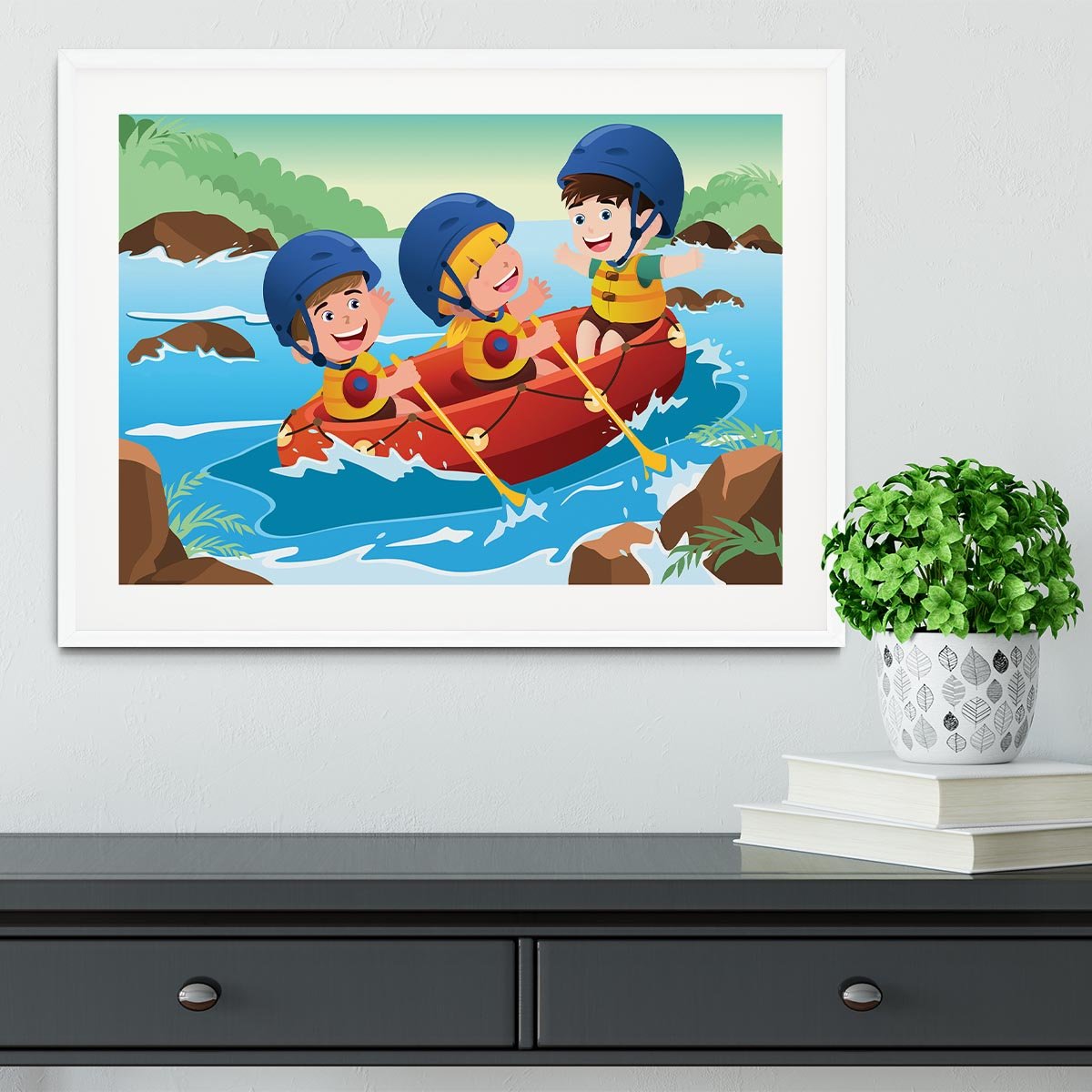 Three happy kids on boat Framed Print - Canvas Art Rocks - 5