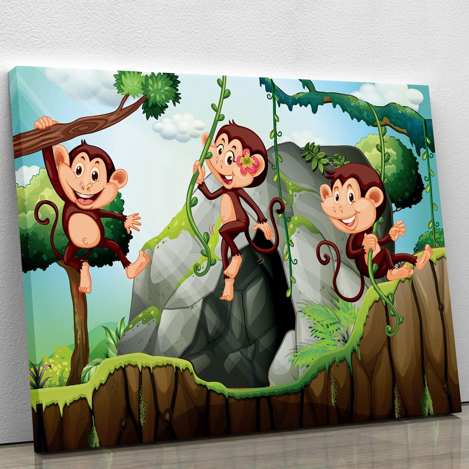 Three monkeys hanging on the branch Canvas Print or Poster