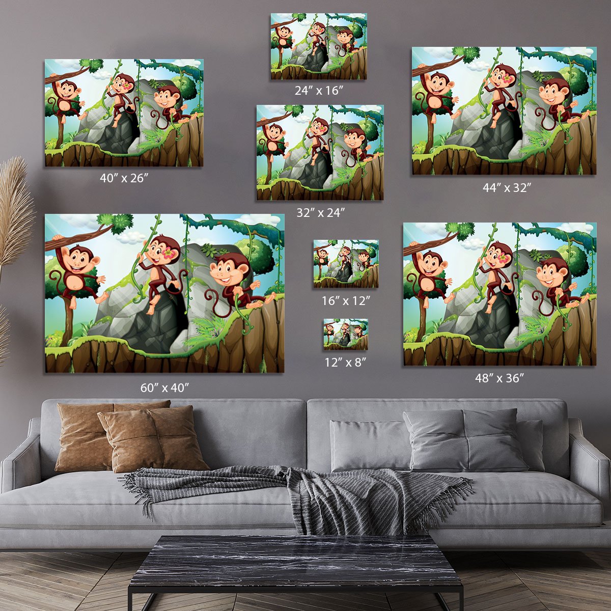 Three monkeys hanging on the branch Canvas Print or Poster