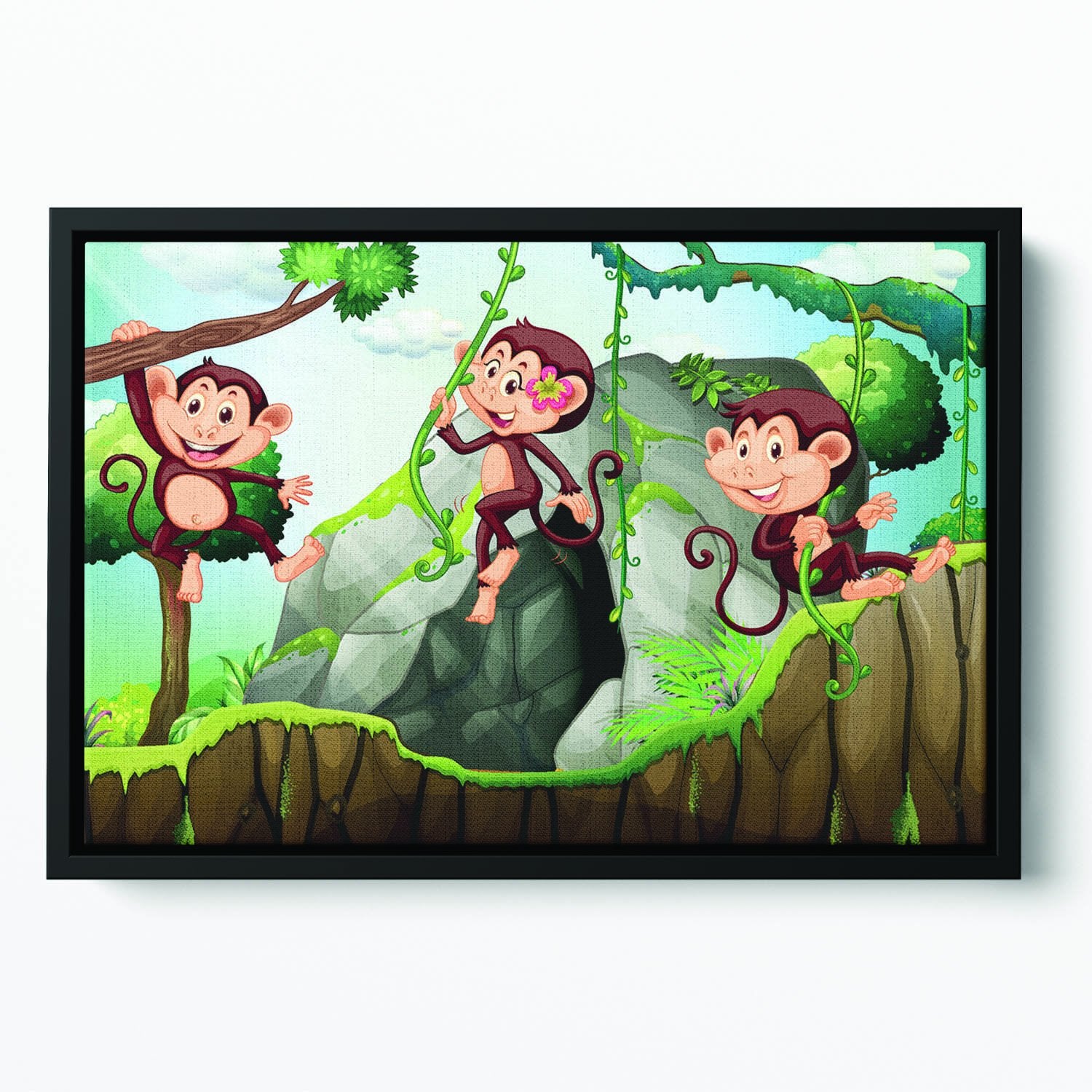 Three monkeys hanging on the branch Floating Framed Canvas