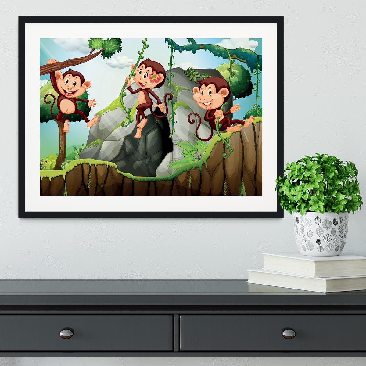 Three monkeys hanging on the branch Framed Print - Canvas Art Rocks - 1