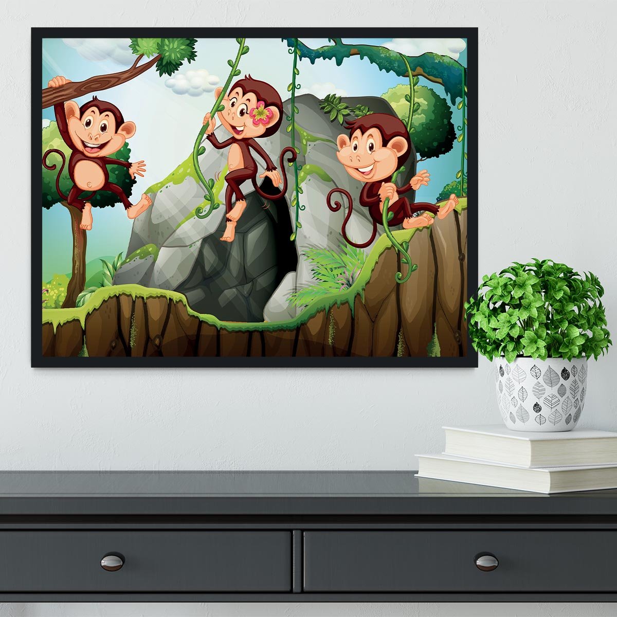 Three monkeys hanging on the branch Framed Print - Canvas Art Rocks - 2