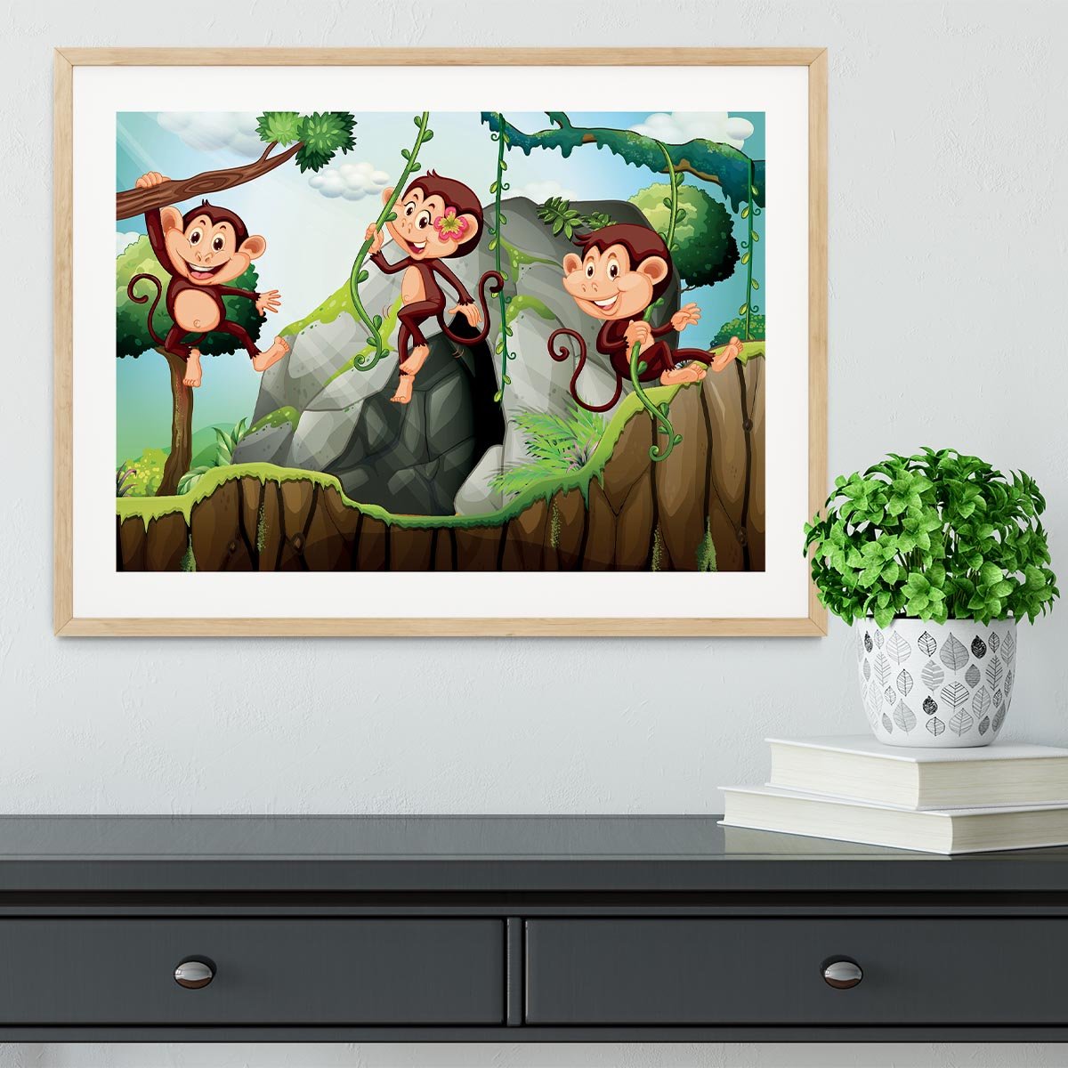 Three monkeys hanging on the branch Framed Print - Canvas Art Rocks - 3